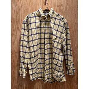 Vintage 1990s Faconnable Plaid Shirt Yellow Blue Cotton Flannel Men's Large